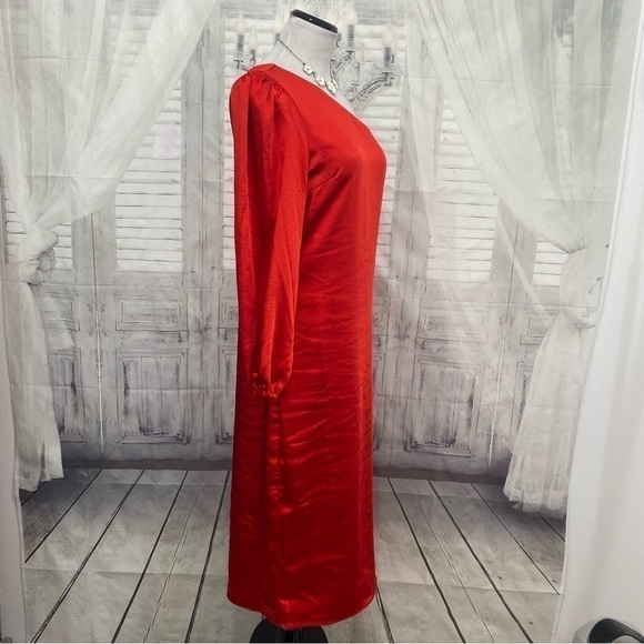 Skies Are Blue Medium One Shoulder Long Sleeve Solid Red Dress Satin Midi Slit - Picture 8 of 12